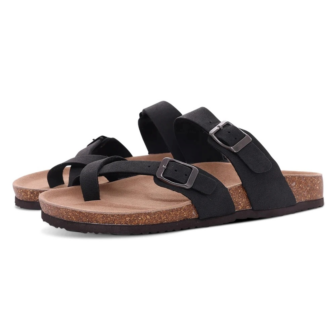 Sandalias de verano para mujer, diseño de doble hebilla y punta abierta. Calzado plano, cómodo y de moda veraniega.