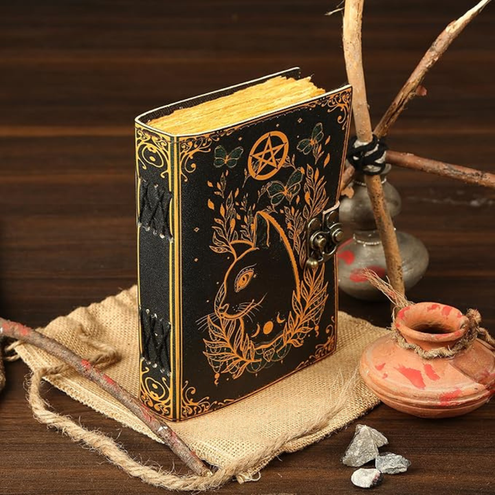 Diario de cuero artesanal con diseño de gato grabado, perfecto para escribir y como regalo.