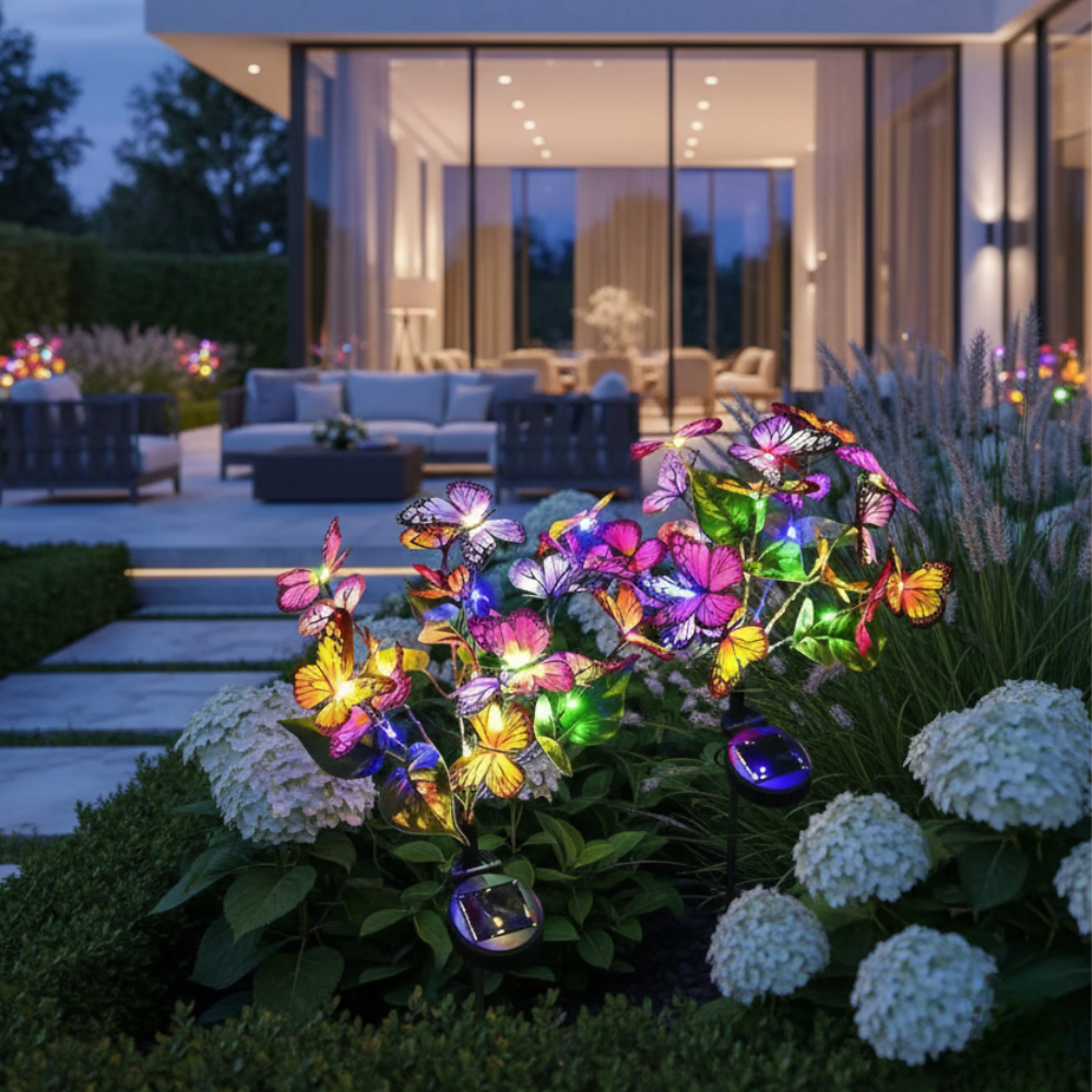 Set de lámparas solares LED para jardín, luz cálida. Ideal para crear ambiente nocturno.