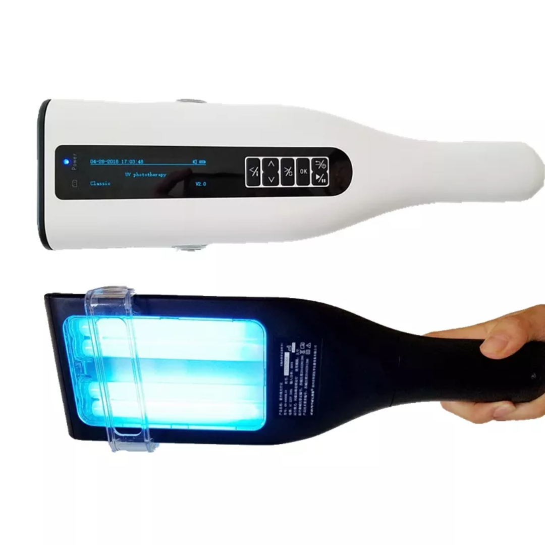 Lámpara de terapia UVB para psoriasis. Alivio profesional de lesiones y mejora de la piel en casa.