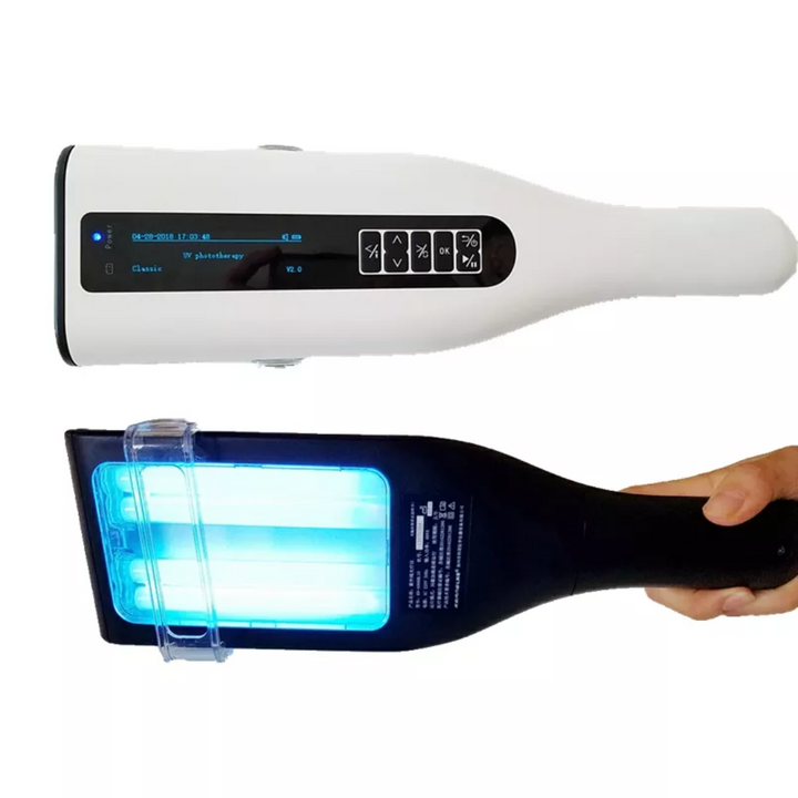 Lámpara de terapia UVB para psoriasis. Alivio profesional de lesiones y mejora de la piel en casa.