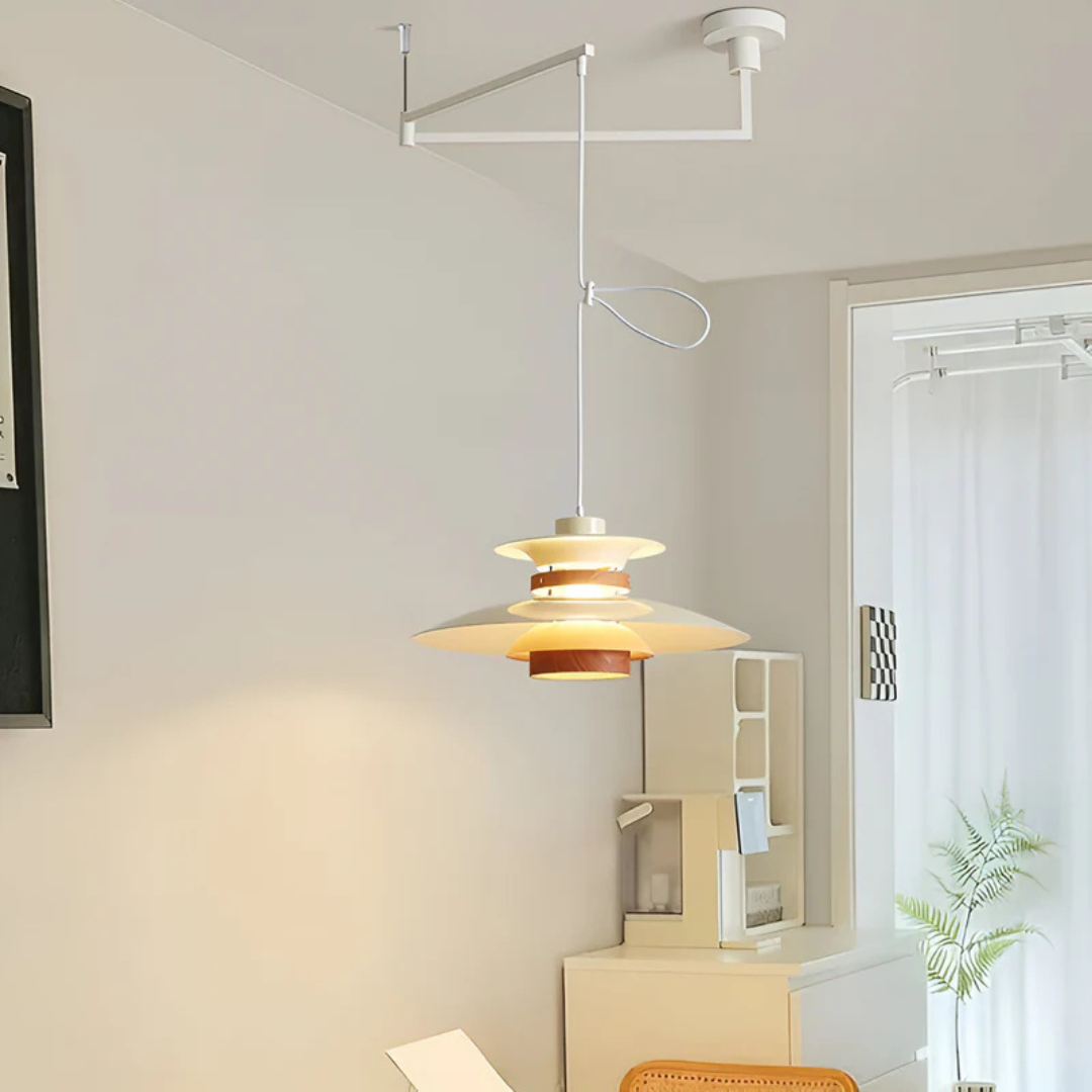 Colgante LED de diseño moderno para mesa de comedor. Luz cálida, decoración minimalista escandinava.