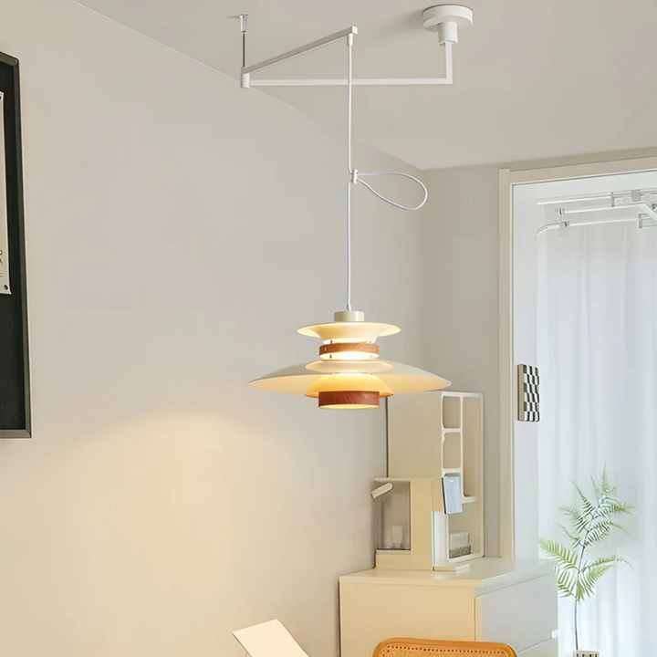Colgante LED de diseño moderno para mesa de comedor. Luz cálida, decoración minimalista escandinava.