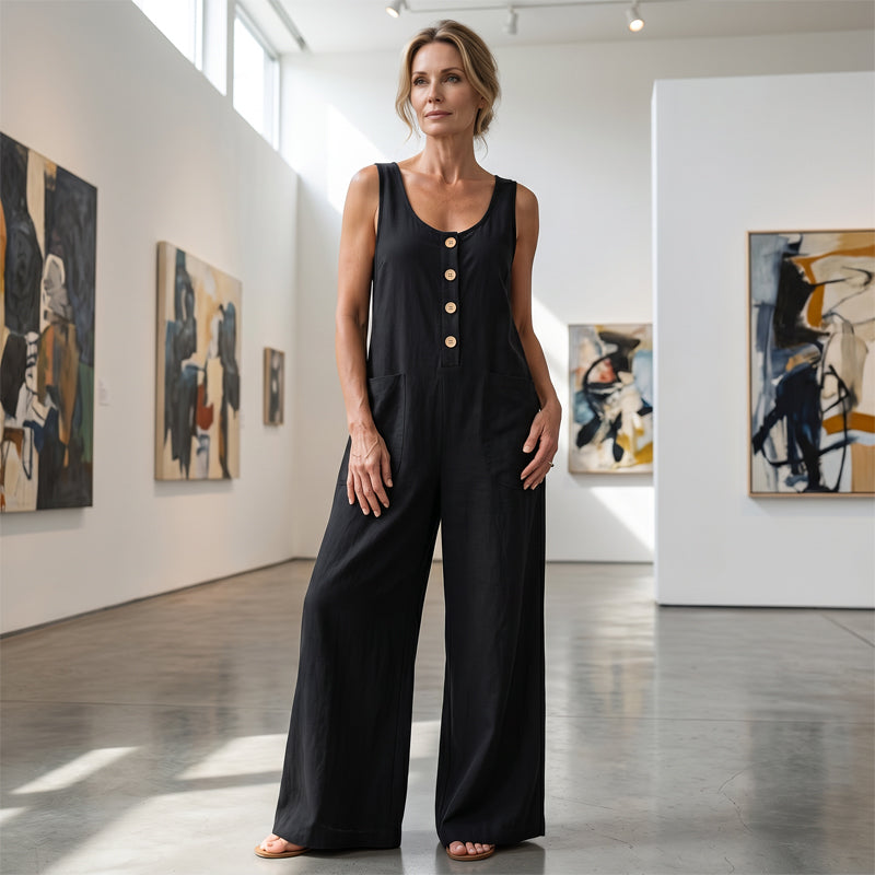 Mono de mujer elegante y casual, pierna ancha, botones delanteros, perfecto para el verano.