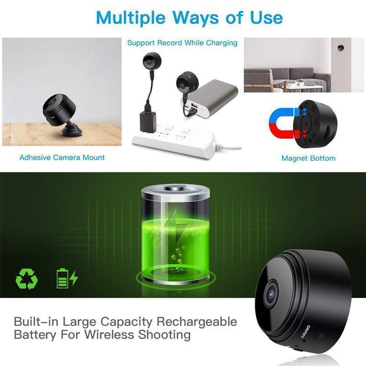 Mini cámara magnética inalámbrica. Grabación 1080p para seguridad en hogar y vehículo. Fácil instalación.