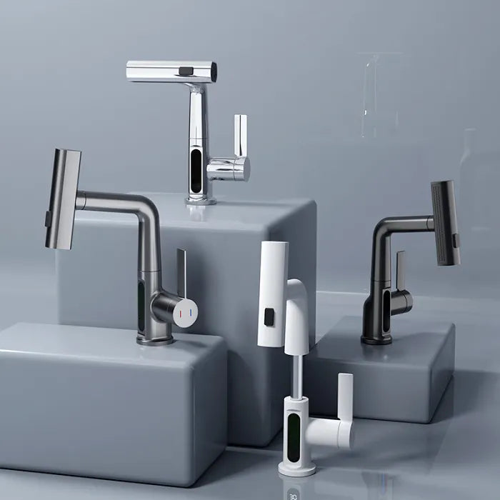 Grifería de baño inteligente con caño extensible. Acabado moderno, control digital de temperatura para uso doméstico.