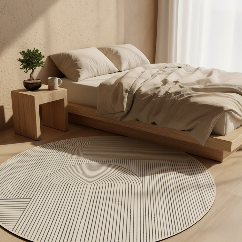 Detalle de alfombra redonda antideslizante elegante, perfecta para añadir confort y estilo a tu sala de estar.