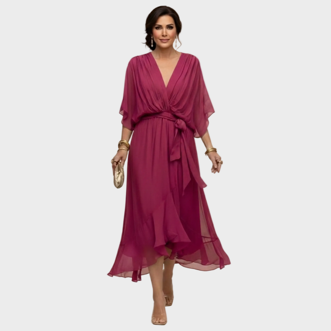Vestido mujer con escote en V, fluido y elegante, apto para fiesta o look casual de verano.