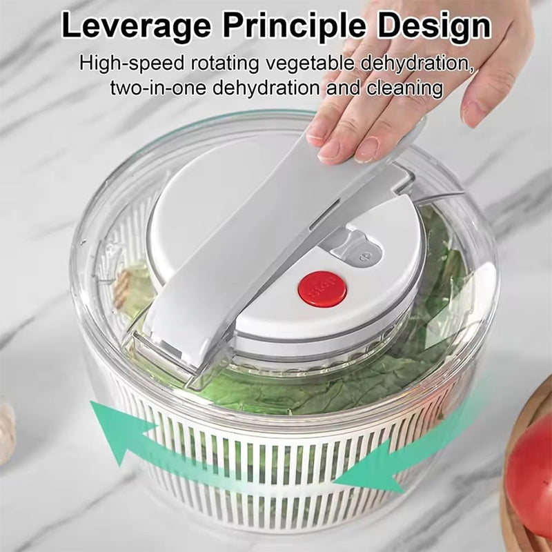 Centrifugador de ensalada blanco con colador, ideal para secar lechuga y vegetales frescos fácilmente.