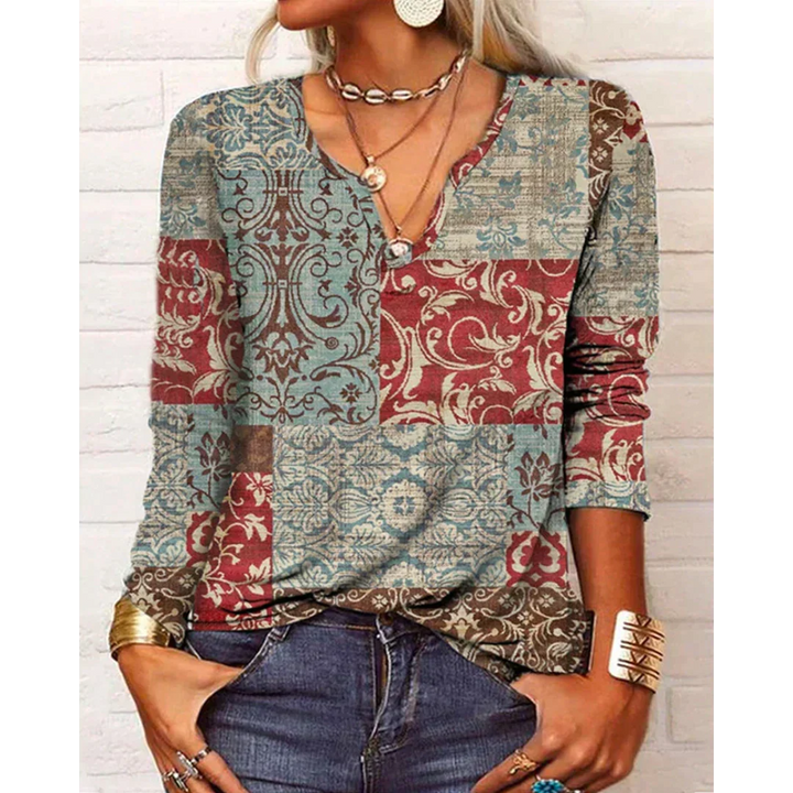 Blusa bohemia multicolor de mujer con escote en V y manga larga, ideal para un estilo casual chic.