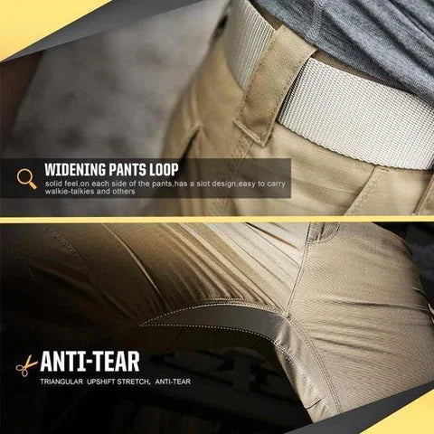 Primer plano de tela resistente y secado rápido de pantalones tácticos para hombre. Perfectos para camping.
