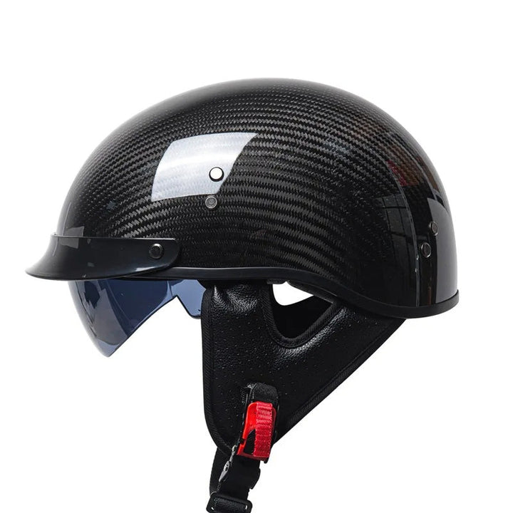 Casco retro abierto de fibra de carbono para moto, ultraligero y aprobado DOT/ECE para seguridad.