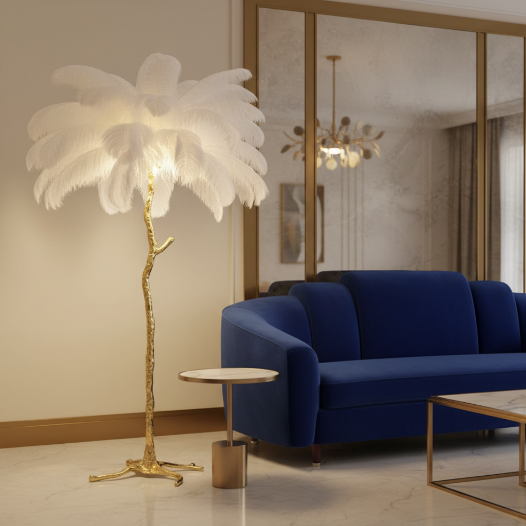 Iluminación de lujo: Lámpara de pie con pantalla de plumas y base trípode moderna para el hogar.