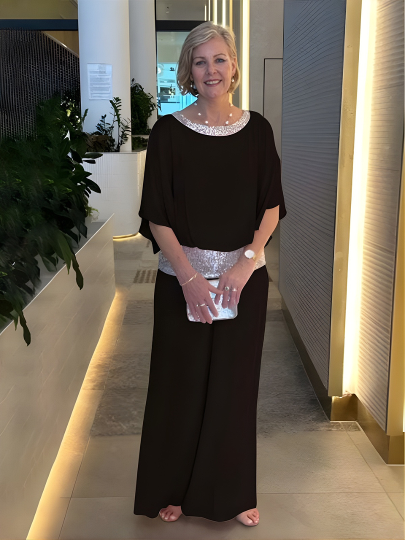 Conjunto elegante mujer, dos piezas Ramona con blusa y pantalón ancho, ideal para fiesta o evento.