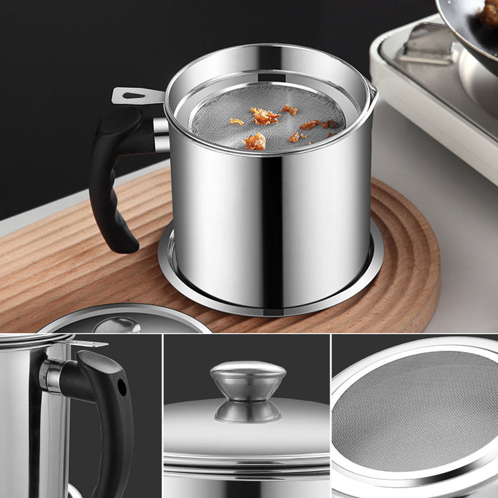Accesorio esencial para cocinar: olla de acero inoxidable con filtro de aceite para una cocción eficiente y limpia.