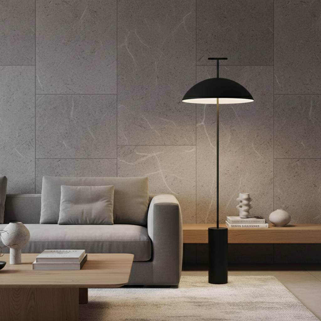 Lámpara de pie Eloria para salón, diseño moderno escandinavo. Iluminación LED que crea un ambiente acogedor.