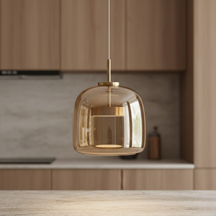 Elegante lámpara colgante de vidrio ámbar, estilo nórdico, iluminación LED para comedor.