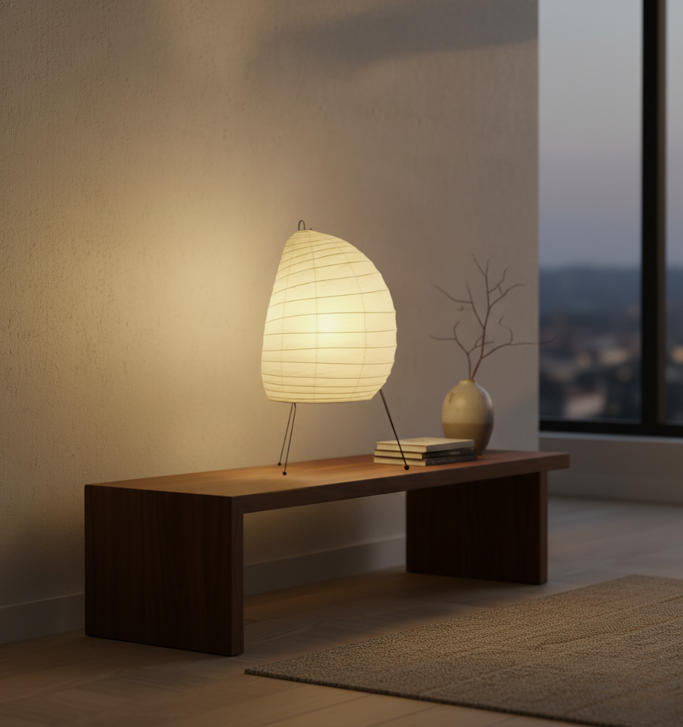 Lámpara de papel Japandi para mesa, proporciona una iluminación ambiental muy relajante.