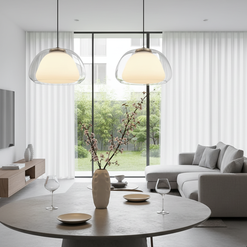 Decoración contemporánea con lámpara colgante de cúpula, perfecta para iluminación interior.