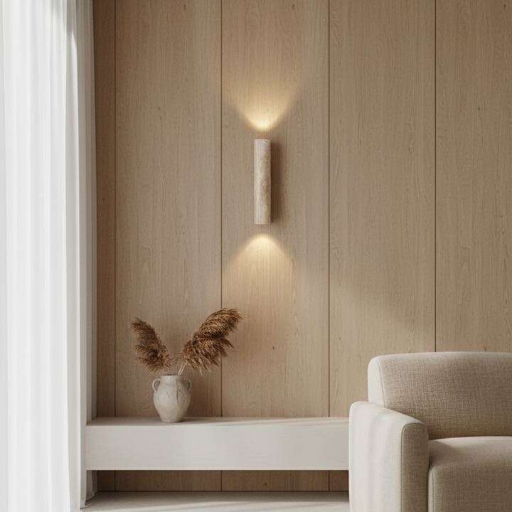 Lámpara de pared cilíndrica de travertino natural, ideal para decoración Japandi y luz ambiente.