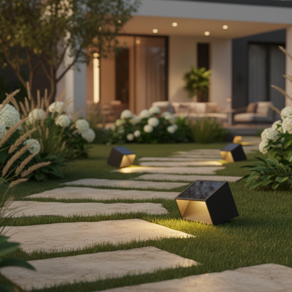Lámpara LED solar de energía renovable para jardín, luz automática y fácil instalación en exteriores.