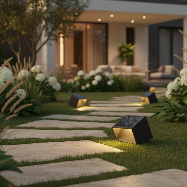Lámpara LED solar de energía renovable para jardín, luz automática y fácil instalación en exteriores.