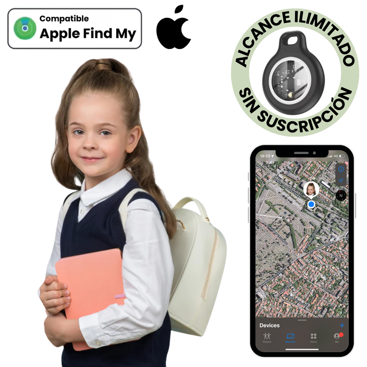 Localizador GPS infantil iOS azul para seguridad y control parental sin suscripción, localización tiempo real.