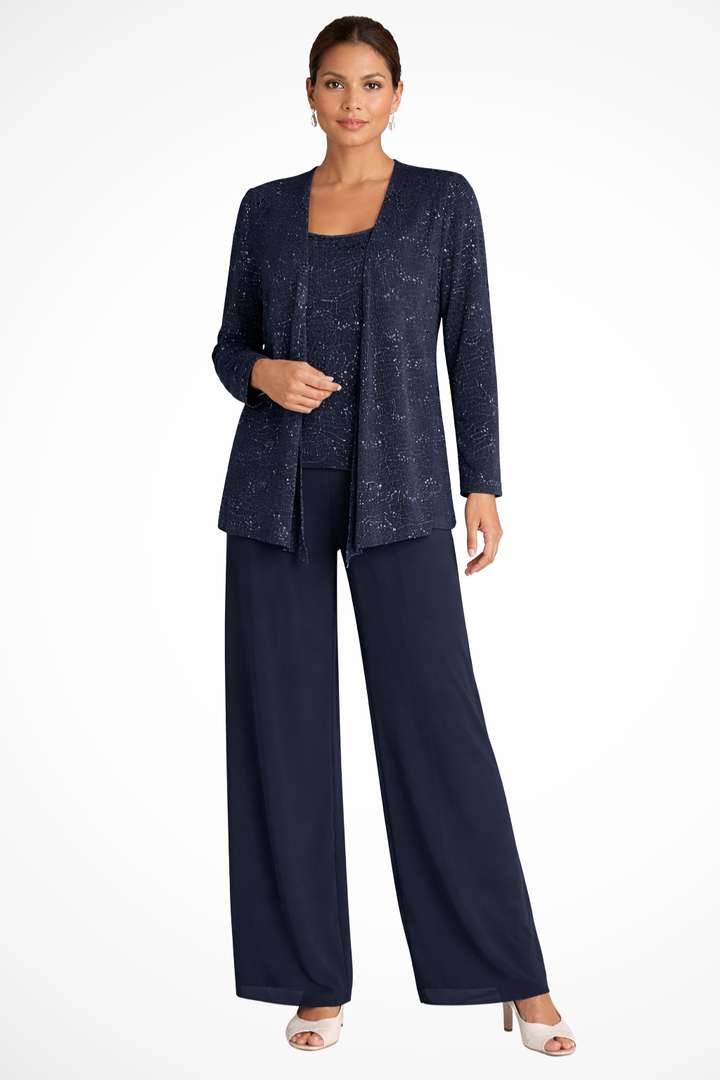 Elegante conjunto de tres piezas con chaqueta de encaje y lentejuelas para eventos formales.