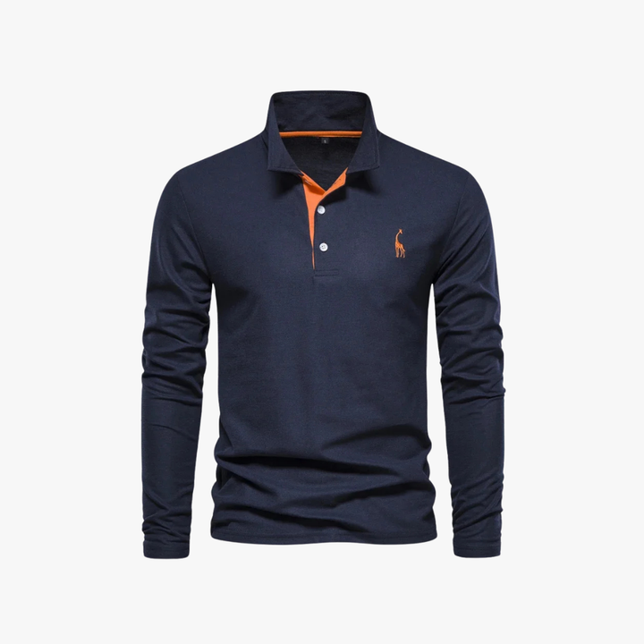 Polo básico de manga larga para hombre, ajuste entallado, esencial en ropa masculina de otoño-invierno.