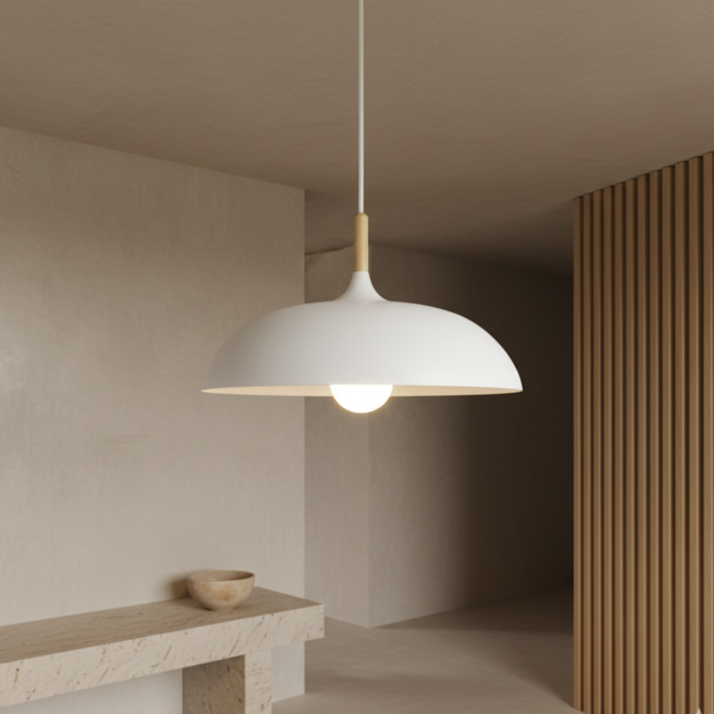Lámpara colgante blanca, ideal para comedor. Estilo nórdico, diseño único, luz cálida.