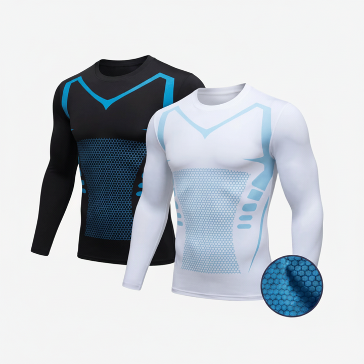 Camiseta larga de compresión iónica para hombre, soporte de torso y mejora de postura. Ideal para fitness.