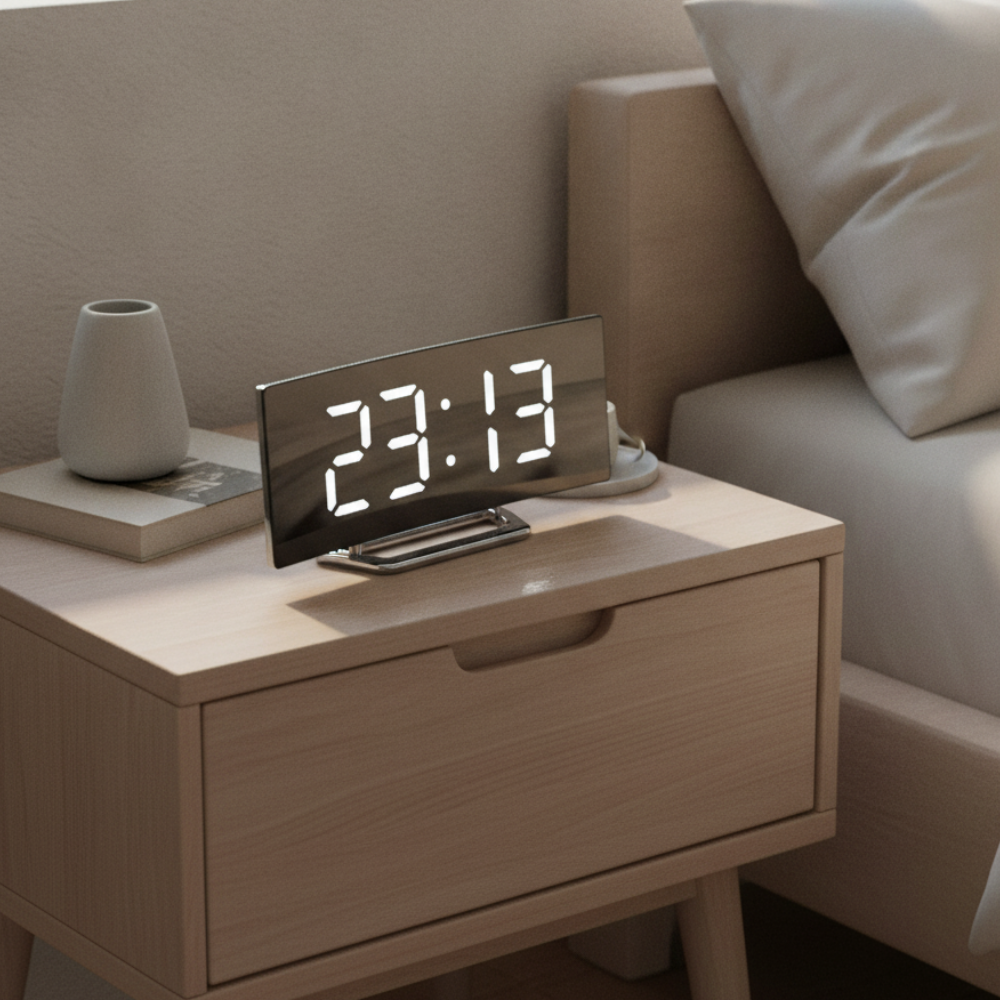 Reloj de mesa digital LED curvado, alimentado por USB, perfecto para escritorios de oficina.