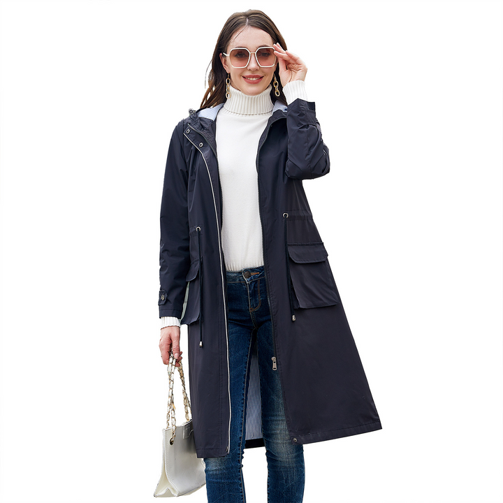 Abrigo gabardina clásico de mujer, impermeable y elegante. Perfecto para moda de primavera y otoño.