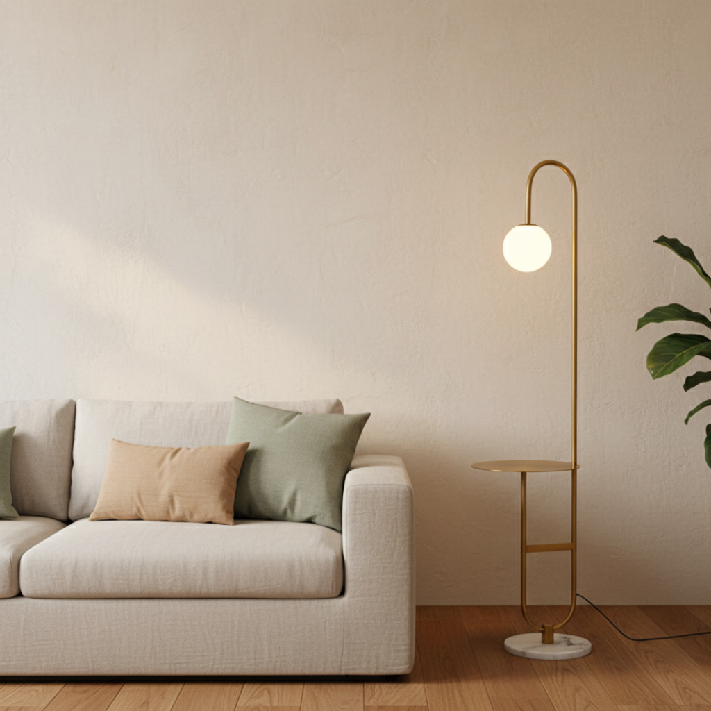 Lámpara de pie de dormitorio, estilo nórdico, con mesa integrada y luz de lectura direccional.