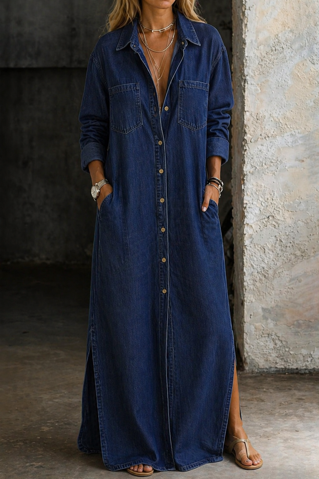 Cómodo vestido camisero largo para mujer con botones. Versátil, perfecto para uso diario y moda actual.