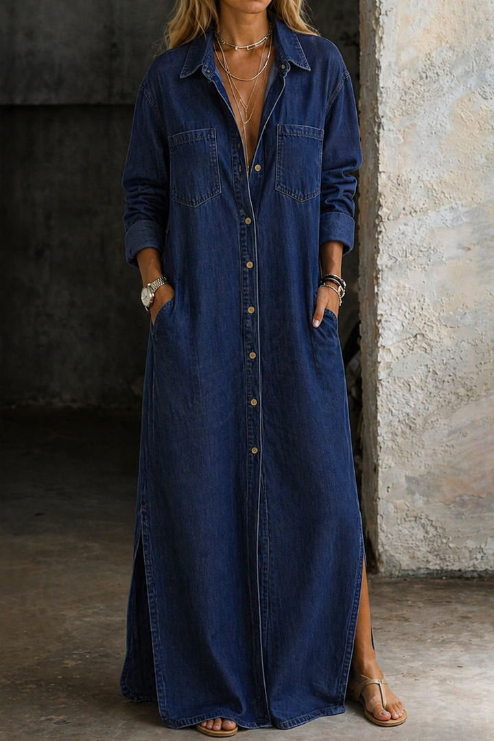Cómodo vestido camisero largo para mujer con botones. Versátil, perfecto para uso diario y moda actual.