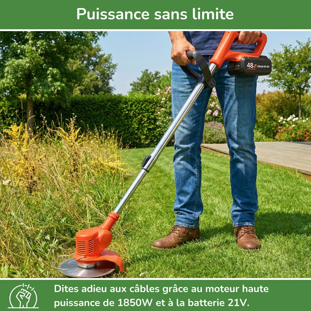 Desbrozadora inalámbrica potente cortando césped alto en el jardín. Mantenimiento eficiente con esta herramienta.