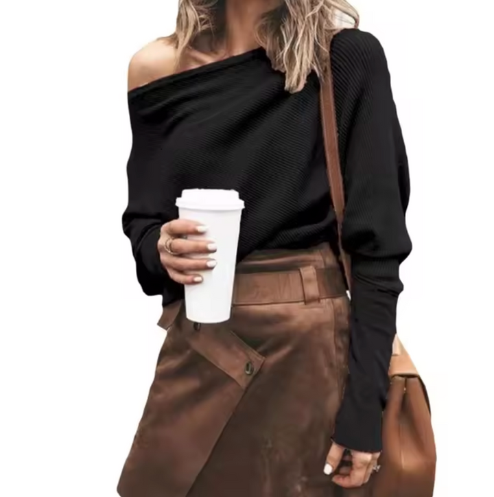 Blusa de mujer LEILA off-shoulder, diseño moderno con manga larga. Perfecta para otoño-invierno y ropa chic.