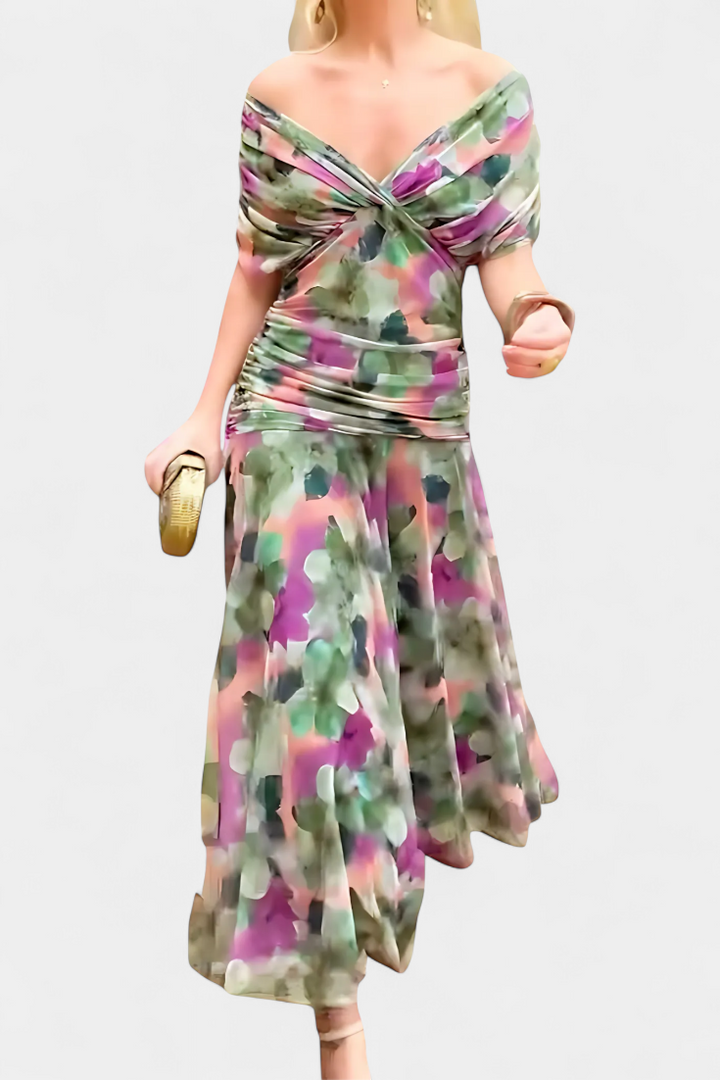 Vestido floral largo para mujer, escote en V. Estilo elegante, cintura plisada. Moda de noche.