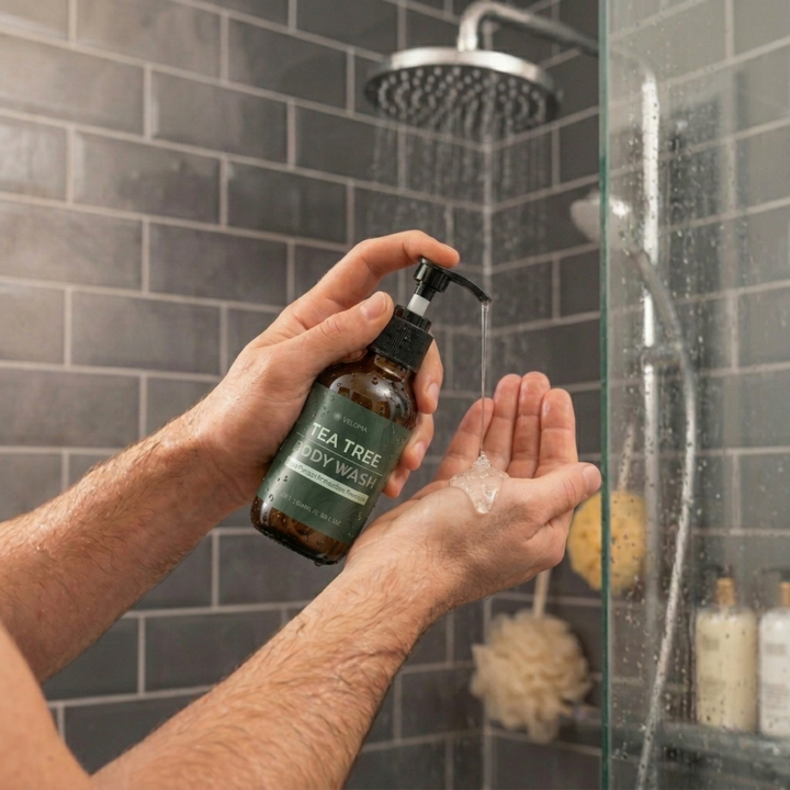 Gel de ducha antifúngico natural para piel sensible. Alivia irritación y picazón con árbol de té y menta.