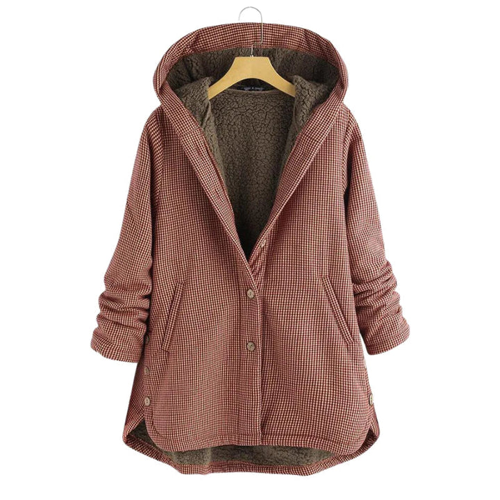 Chaqueta de invierno para mujer con diseño a cuadros y capucha. Abrigo cálido y cómodo para el frío.
