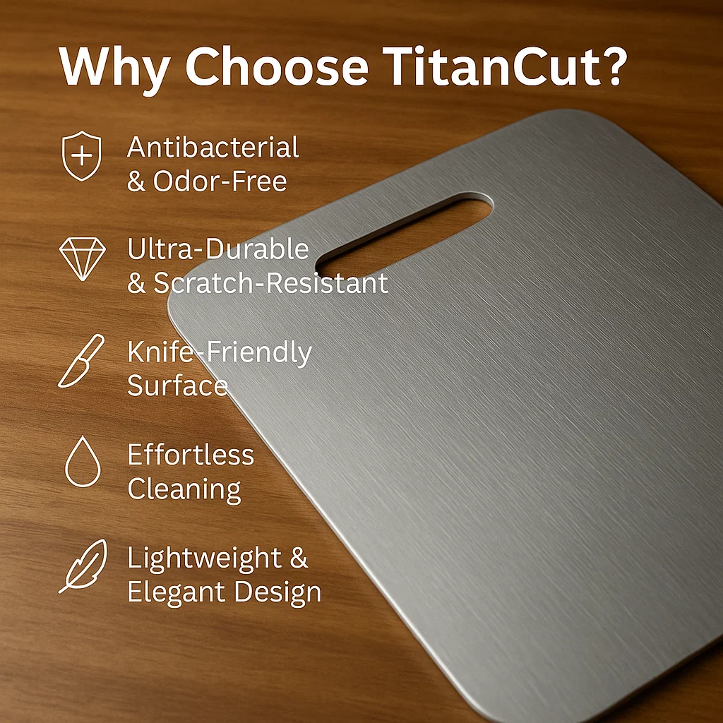 Tabla de cortar de titanio grado médico. Resistencia y durabilidad premium para chefs, superficie antiadherente.