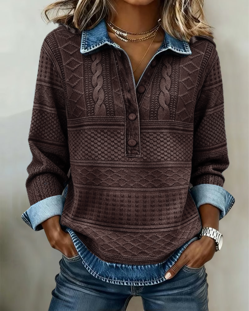Moda masculina: Sudadera casual texturizada para hombre, detalle de cuello denim y medio botón.