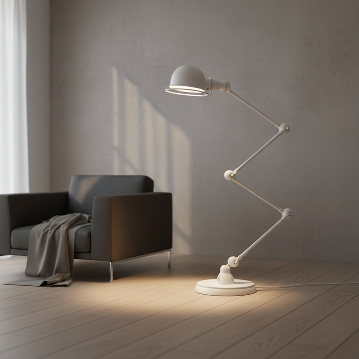 Lámpara de lectura de pie industrial, ideal para iluminación de tarea. Diseño moderno y flexible.