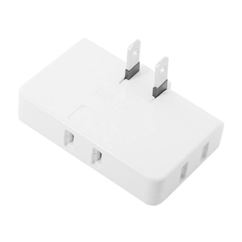 Adaptador eléctrico compacto con 3 tomas, blanco. Gira 180° para enchufes estrechos, ideal hogar y viaje.