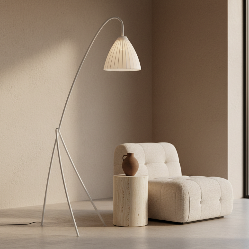 Lámpara decorativa de pie con trípode, pantalla plisada. Ideal para iluminación de ambiente interior.