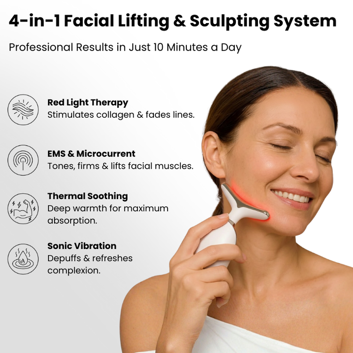 Aparato de terapia facial LED con calor y vibración, ideal para el cuidado de la piel y belleza.