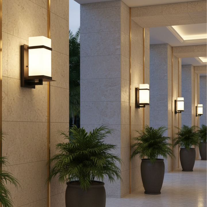 Aplique exterior elegante para decoración de jardín. Lámpara de pared de metal y vidrio IP65.
