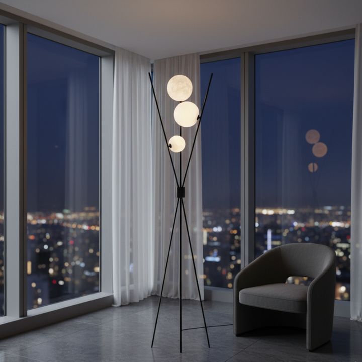 Lámpara LED versátil de luna para mesa y suelo. Luz regulable cálida. Iluminación moderna y decorativa.