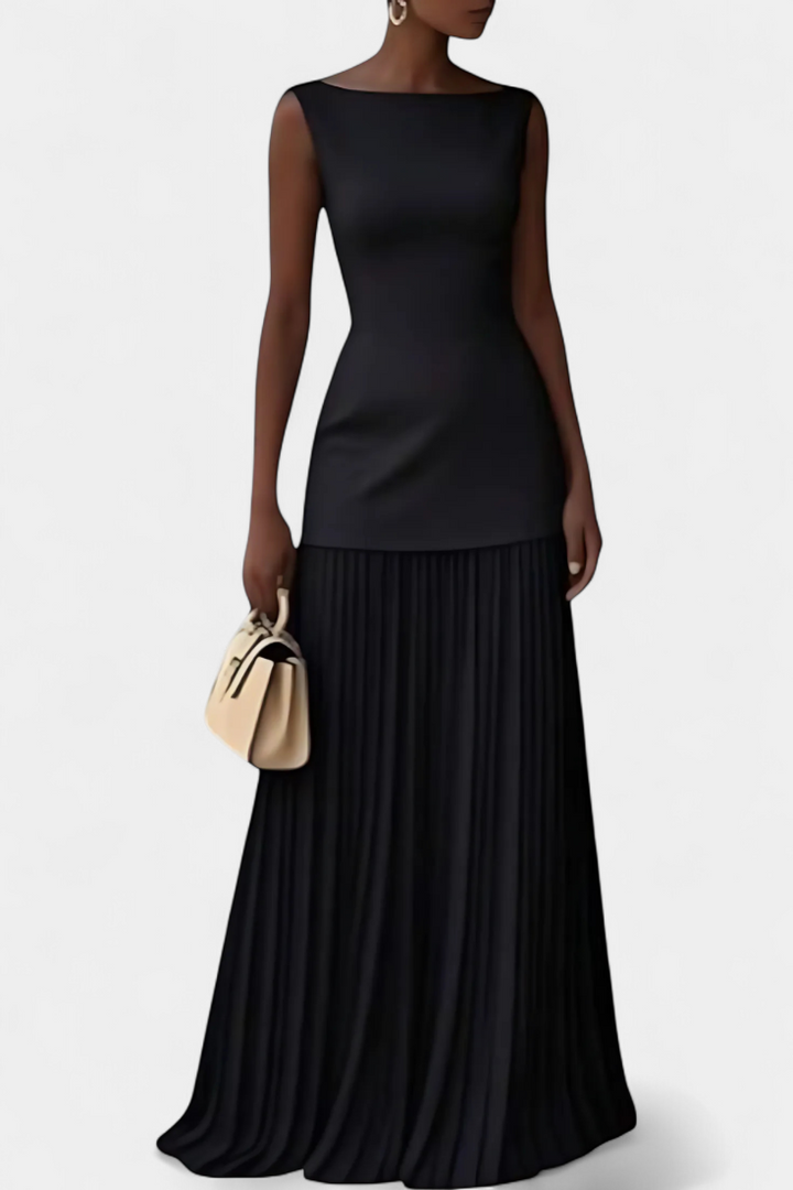 Vestido maxi plisado elegante para mujer, escote barco, color sólido. Perfecto para bodas y fiestas.